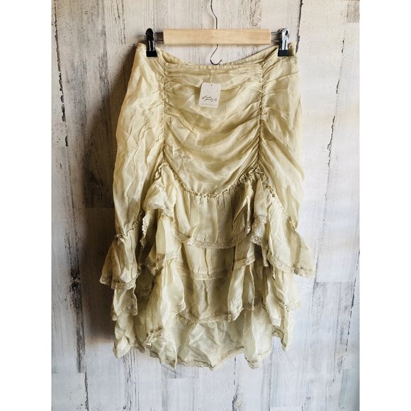 NWT $148 Free People Calliope Ruffle Midi Skirt M Hi Lo Lt Green Sage Boho - Picture 1 of 16